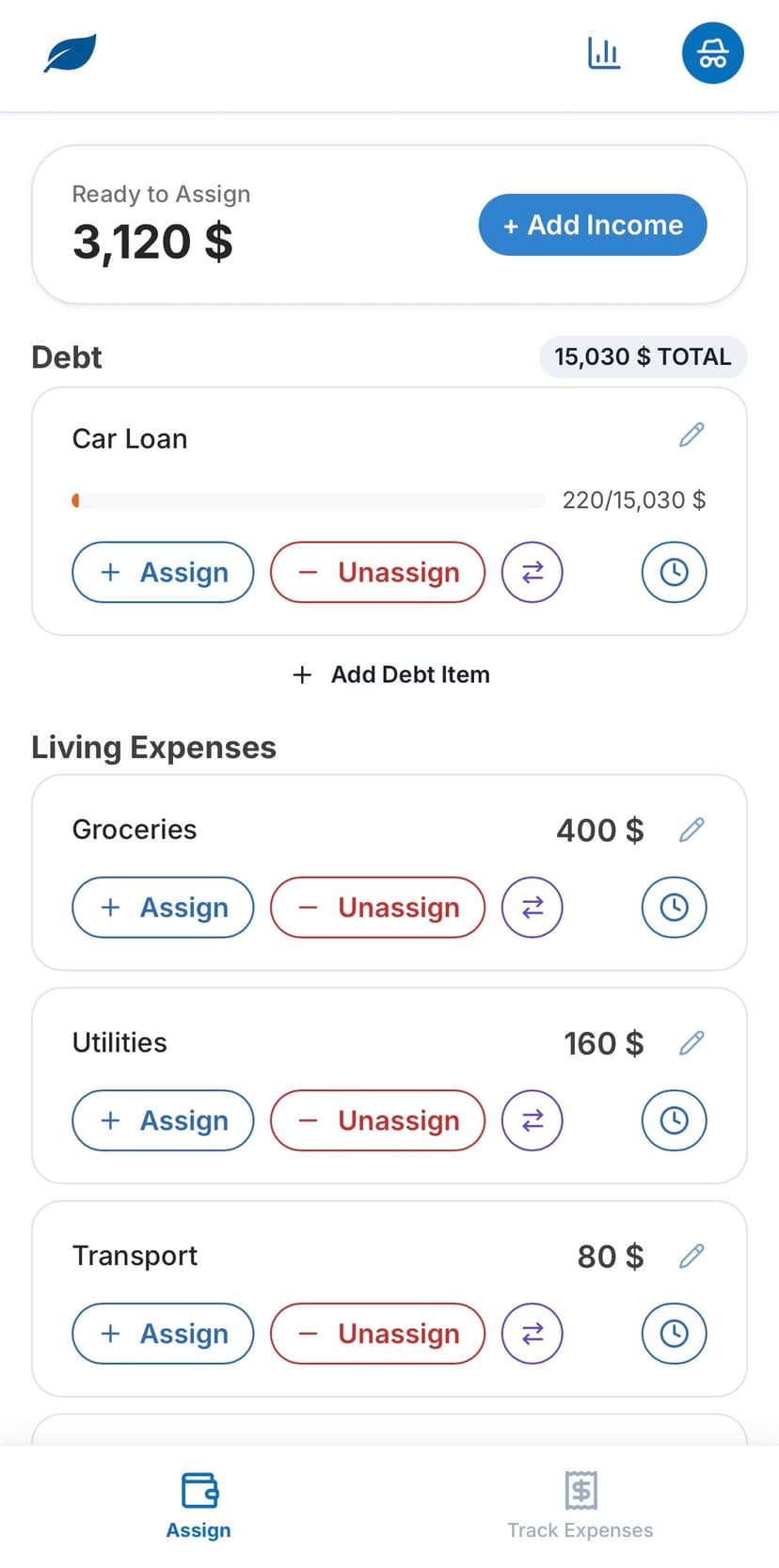 Abundant Living app — allocation breakdown at a glance