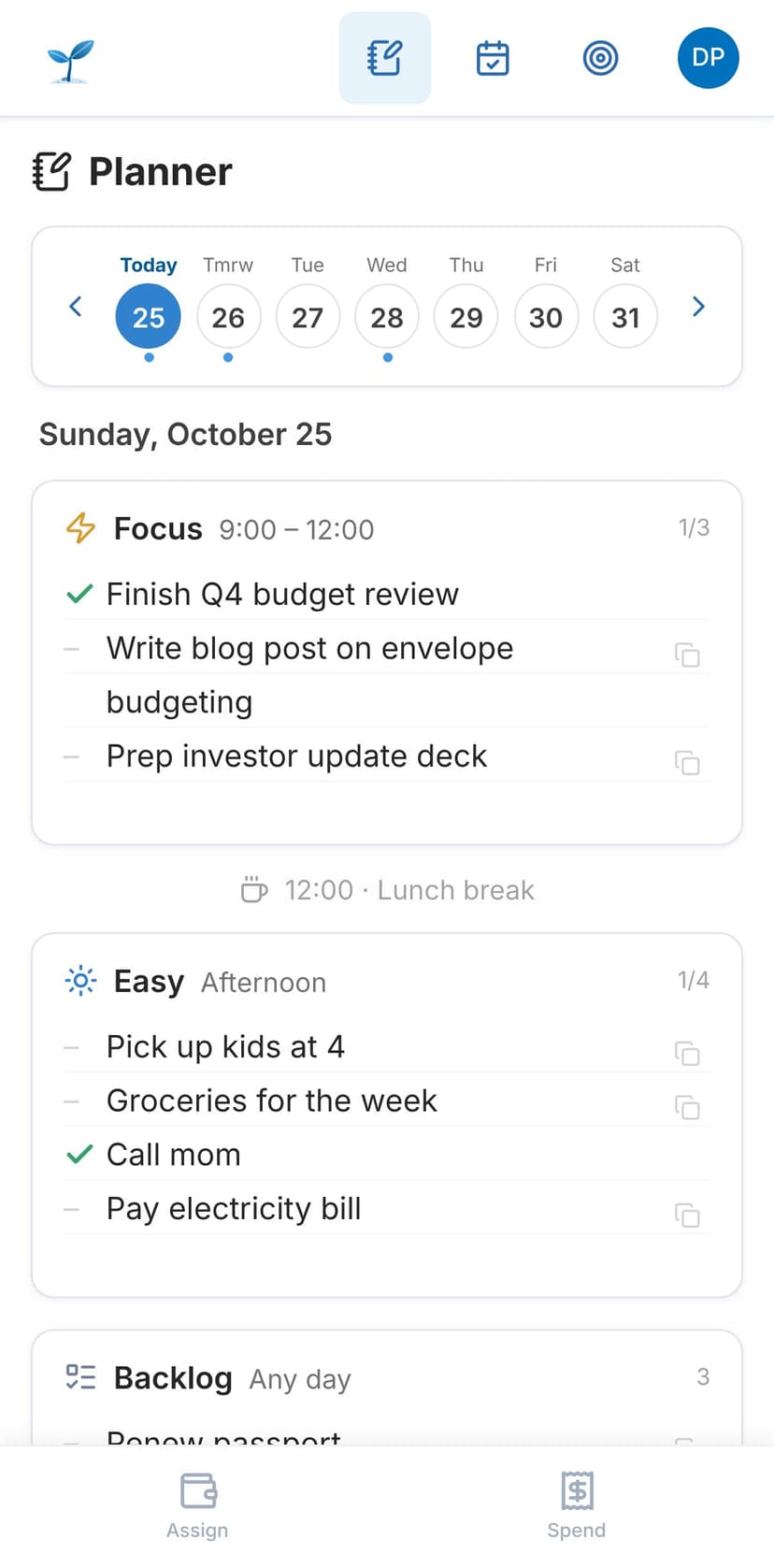 Abundant Living app: plan your day in focus and easy blocks