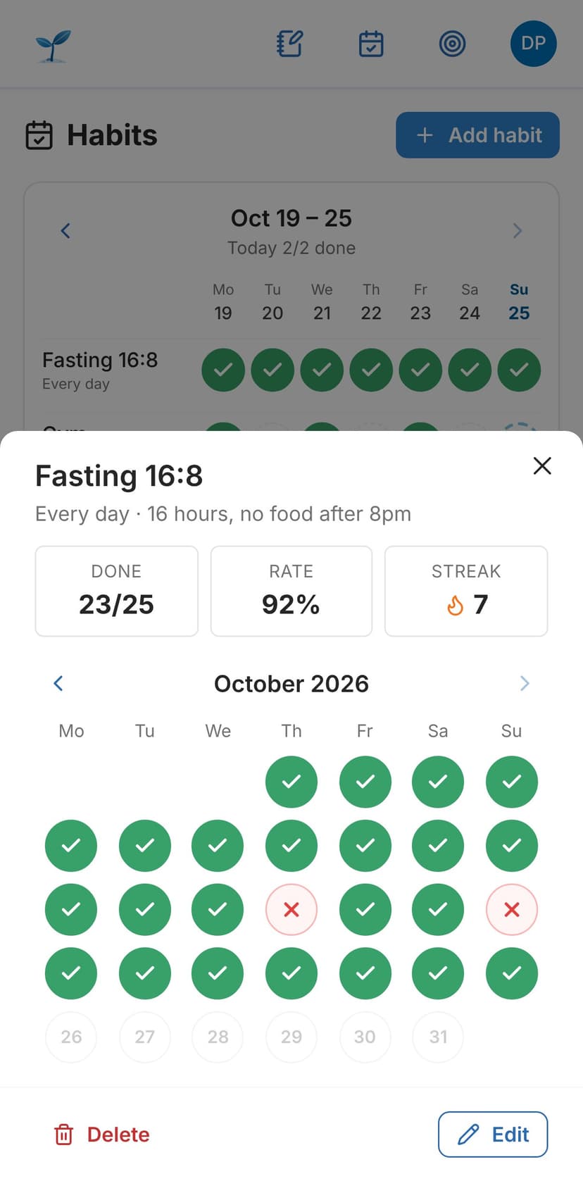 Habit calendar and streak
